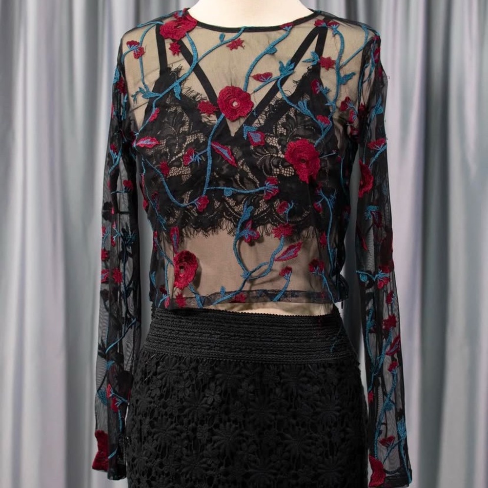 Sheer embroidered black top with red and teal flowers 
Stunning layering top